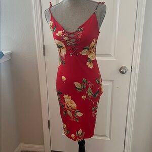 Floral Lace-Up Red Dress